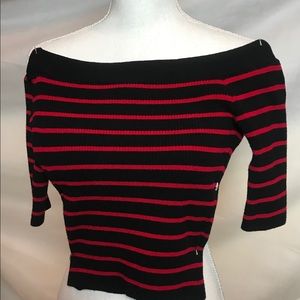 Bebe Medium Red & Black Striped Boatneck Crop Top